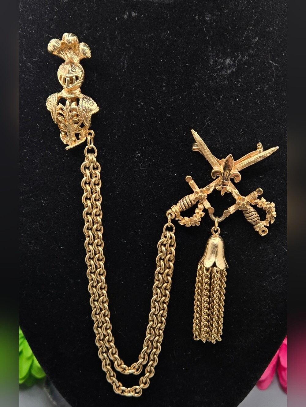 Coro Fleur-de-Lis Swords w/ Tassel, Knight & Dbl Chain Brooch Set Vintage